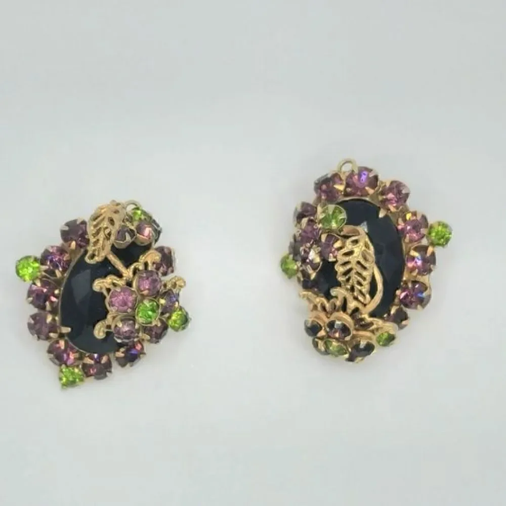 Vintage Gold Peridot Amethyst floral fillagree clip on earrings
